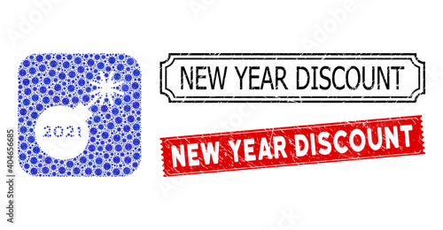 Vector collage 2021 petard and grunge New Year Discount seal stamps. Mosaic 2021 petard created as carved shape from rounded square with blue coronavirus icons.