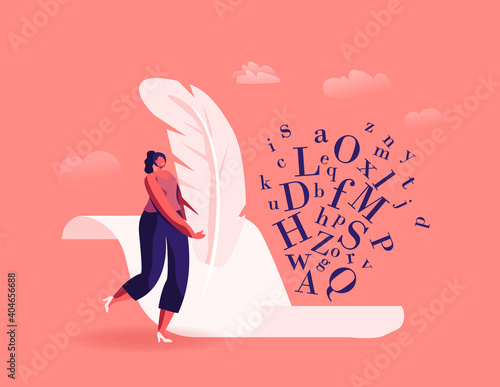 Literature and Writing Hobby, Occupation. Tiny Female Author Character with Huge Feather Pen Writing on Paper Sheet