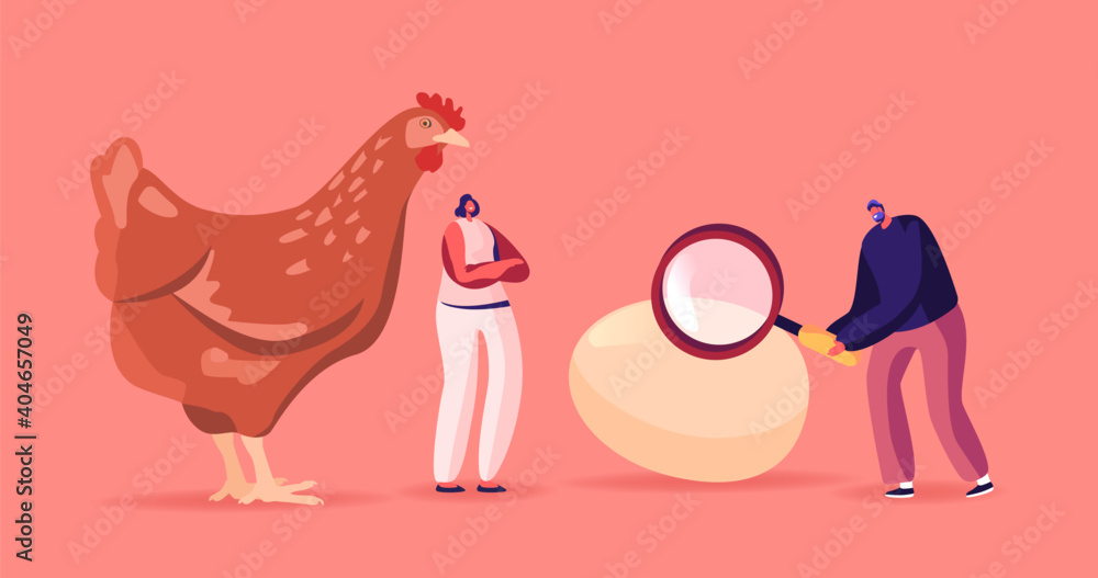 Ταπετσαρία Tiny Male Female Characters at Huge Hen with Magnifier Solve Paradox Which Came First Chicken or Egg