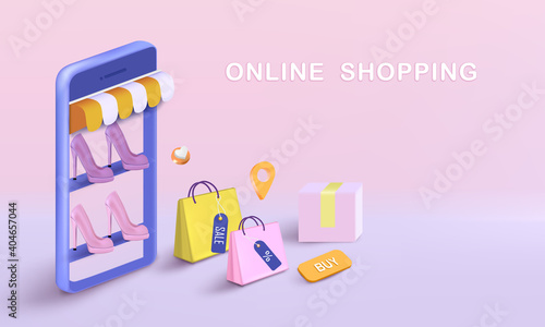 Shopping bag with box and shoes for online shopping