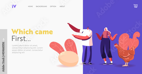 Characters Solve Hen or Egg Paradox Landing Page Template. Conundrum Which Came First Chicken or Egg. Causality Dilemma