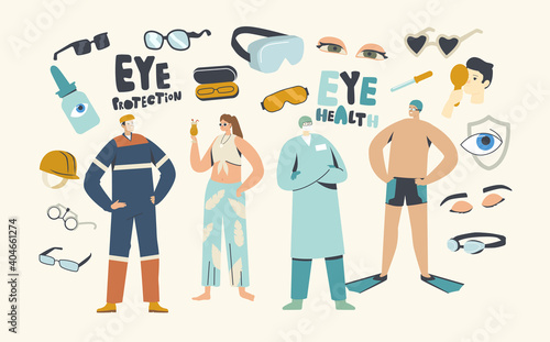 Eyes Protection Concept. Characters Wearing Eyeglasses to Protect Vision during Swimming in Pool, Relaxing on Beach