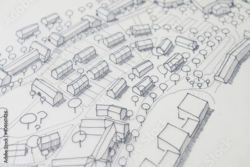 Skizze einer urbanen Planung eines Raumes in einer Stadt oder am Rande einer Stadt photo