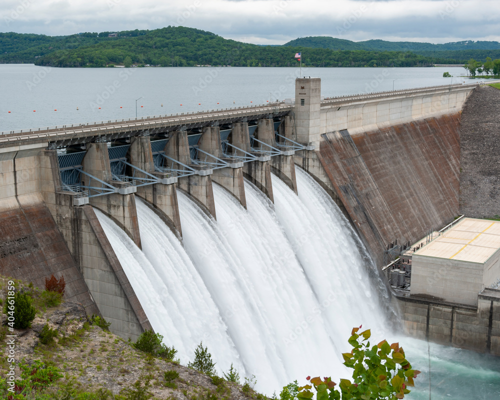 Hydro Electric Dam with all overflow gates open