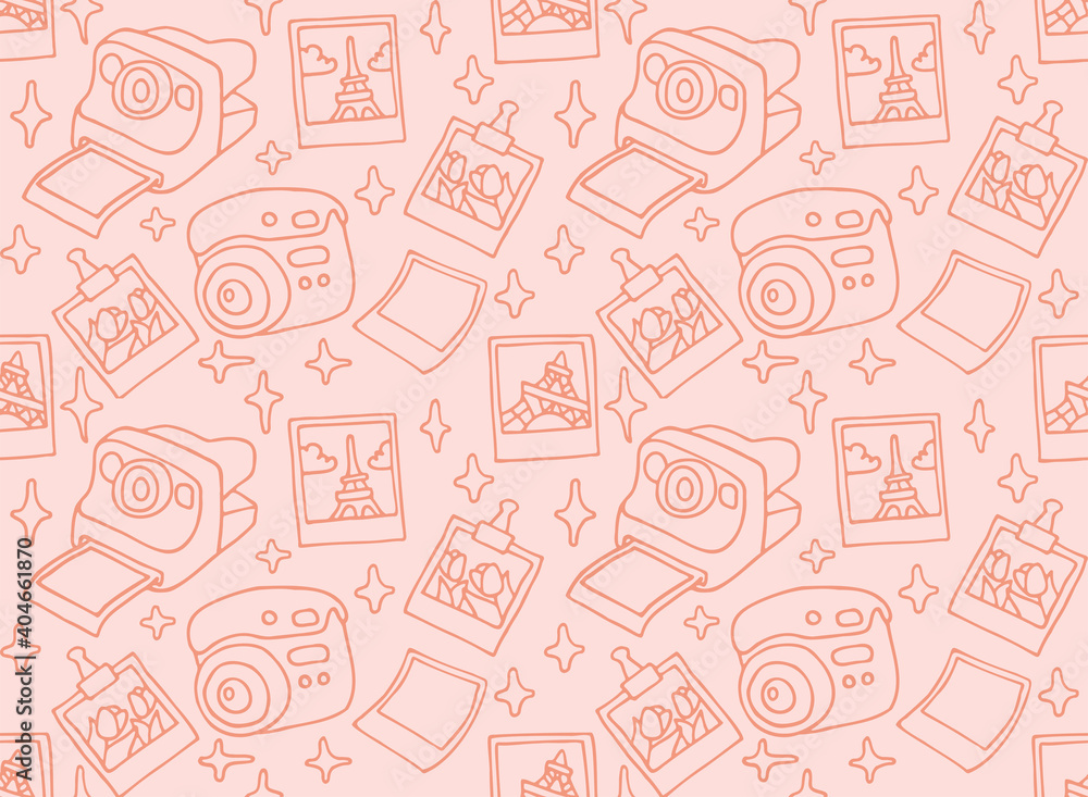 Cute pattern of hand-drawn cameras and pictures. Cute nostalgic background for brown paper, textile, wallpaper, covers. Vector illustration in doodle style