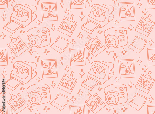 Cute pattern of hand-drawn cameras and pictures. Cute nostalgic background for brown paper  textile  wallpaper  covers. Vector illustration in doodle style