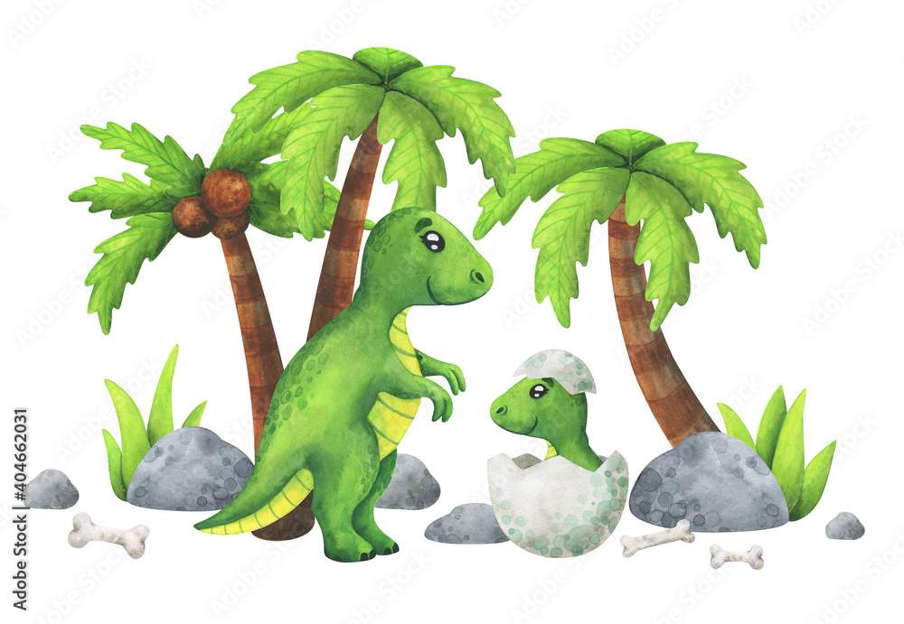 Naklejka premium Mom is a Tyrannosaurus with a cub in an egg. Children's watercolor illustration on a white background. Dinosaurs in the jungle, poster, postcard, print, stickers, with historical animals