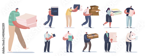 Set of People with Different Papers. Male and Female Characters Holding Pile of Waste Paper, Carton Boxes and Books