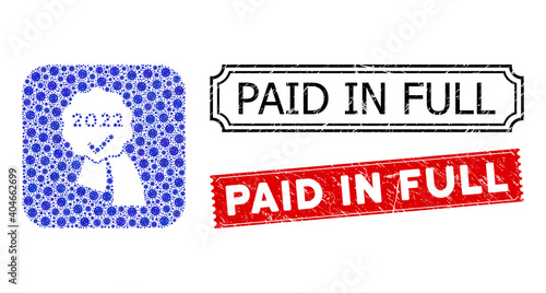 Vector mosaic 2022 approve award and grunge Paid in Full stamps. Mosaic 2022 approve award constructed as hole from rounded square with blue virus elements.