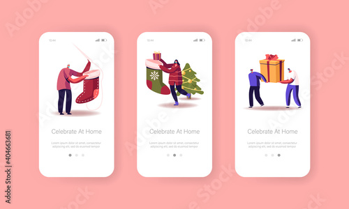 Happy New Year Celebration Mobile App Page Onboard Screen Template. Tiny Characters Celebrating Christmas Party