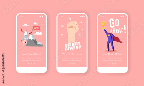 Motivation, Goals or Aspiration Mobile App Page Onboard Screen Template. Characters Overcome Obstacles