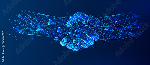 Handshake. Business success concept. Polygonal wireframe composition. Technology and innovation in bussines. Abstract illustration isolated on a blue. Abstract handshake, business concept.
