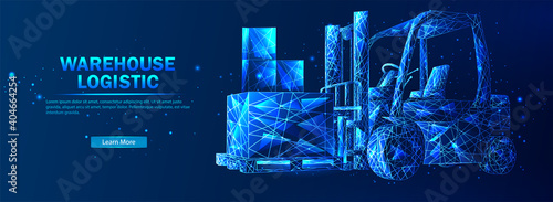 Warehouse logistics. Abstract vector in futuristic polygonal style with wireframe, lowpoly triangles on a blue background with stars. Logistics concept. Transportation and distribution of goods.