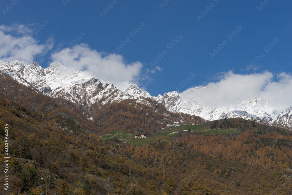 Picturesque mountain landscape in Naturns in South Tyrol in autumn, in the background the snow-covered mountains, blue sky with clouds, no people