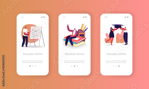 Online Education Mobile App Page Onboard Screen Template. Characters Watch Video Courses. Students Learn via Internet