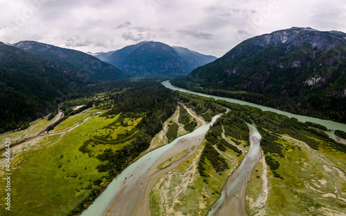 Delta of glacial river with grass aerial view
