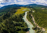 River in a mountain forest and green meadow aerial view