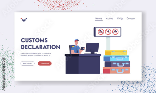 Customs Officer Work Landing Page Template. Male Character Sit at Desk Looking in Tourist Passport with Suitcases Pile