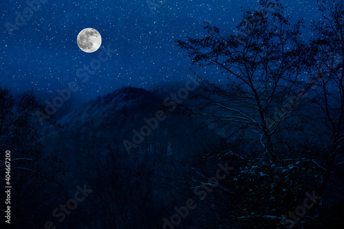 Mountain Road through the snowy forest on a full moon night. Scenic night winter landscape of dark blue sky with moon and stars