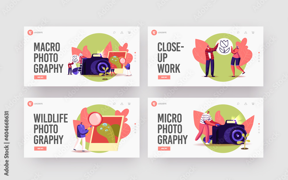 Tiny Photographers at Huge Camera Shoot Macro Photography Landing Page Template Set. Creative Characters Photographing