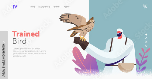 Falconry Landing Page Template. Male Characters in Arab Dress Hold Wild Falcon on Hand. Falcon Training, Arabian Sport