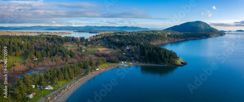 Aerial Drone View of the West Side of Lummi Island, Washington. It is a 6-minute passage from Gooseberry Point on the mainland to the island and is located near the city of Bellingham.