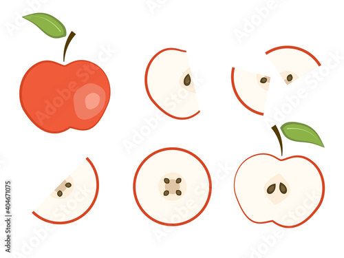 Set of flat vector red whole apple and fruit slices - split in a half along and across, circle and wedge, a slice of apples. Cute colorful summer fruit for icon design, stickers