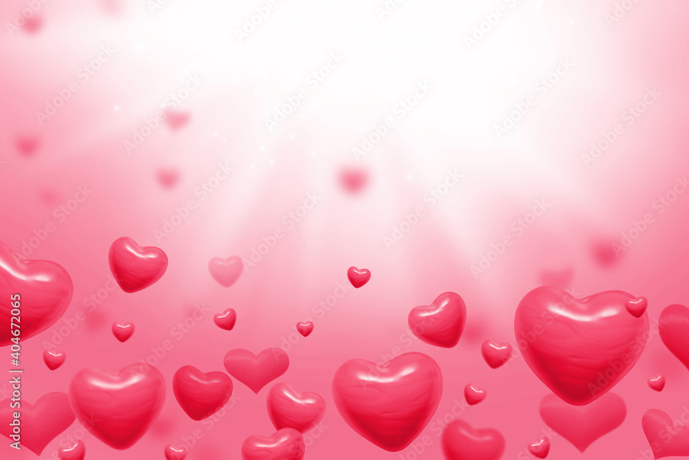 pink hearts on abstract background for valentines day greeting card or festive wallpaper. Copy space for text in the upper half of the image. 3D illustration