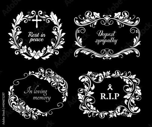 Funeral vector cards with flourish wreaths, crosses, ribbon and obsequial typography. Funeral mourning retro frames with floral decoration, vintage white borders on black background isolated set photo