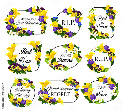 Funerary frame with spring flowers. Funeral card decoration with calla lily, narcissus and pansy, crocus, jasmine and perennial geranium vector. Memorial floral border with rest in peace condolences