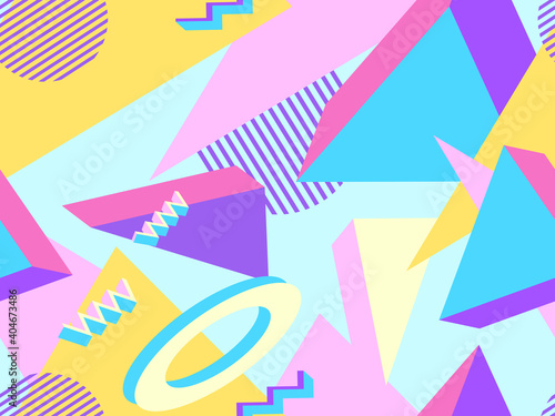 Geometric memphis seamless pattern in style of the 80s. Modern trendy background with 3d objects, virtual reality for promotional products, wrapping paper and printing. Vector illustration