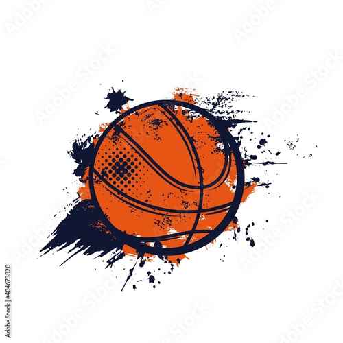 Basketball ball, sport streetball banner or emblem of club or team league, vector. Basketball championship and tournament sign, orange halftone ball with grunge shot splash, sport play action © Vector Tradition