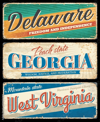 American states, Delaware, Georgia and West Virginia vintage vector banners, signs for travel destination. Retro grunge boards, antique worn signboards with typography, touristic landmarks plaques set