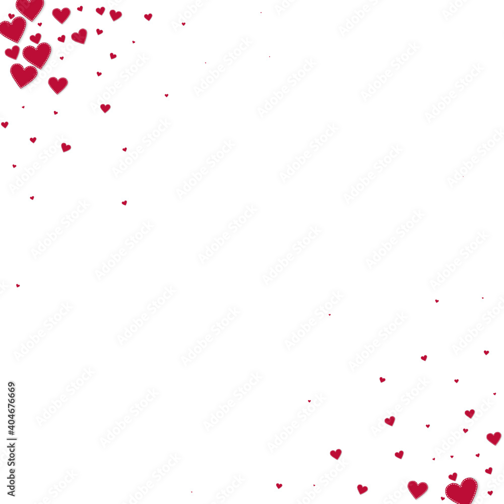 Red heart love confettis. Valentine's day corner optimal background. Falling stitched paper hearts confetti on white background. Ecstatic vector illustration.