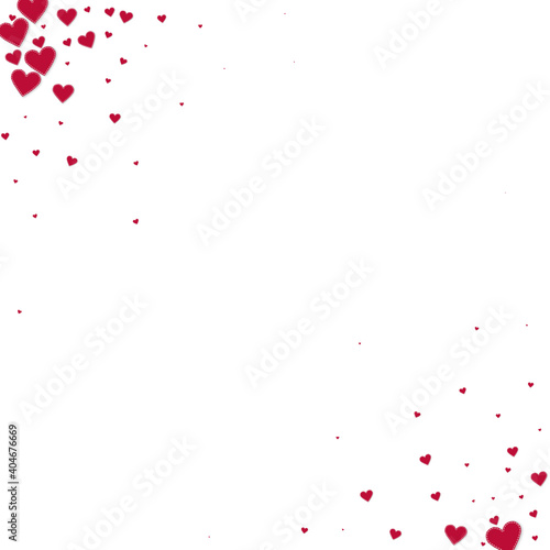 Red heart love confettis. Valentine s day corner optimal background. Falling stitched paper hearts confetti on white background. Ecstatic vector illustration.