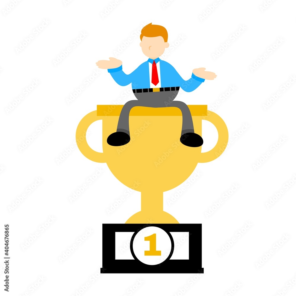 businessman worker pick trophy win champion cartoon doodle flat design style vector illustration
