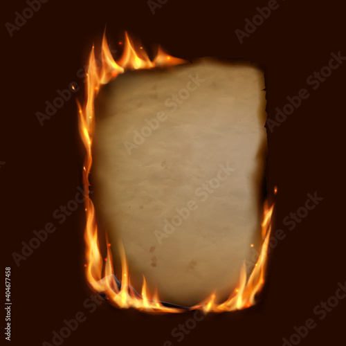 Paper burning in fire flame, realistic vector burnt paper with sparks on edge frame. Burning paper scroll or card on black background, note page or parchment sheet, igniting in fire flames