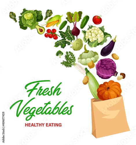 Fresh vegetables market, healthy eating banner. Ripe tomato, cauliflower and kohlrabi cabbage, kohlrabi, radish and pumpkin, pattypan squash flying in paper grocery bag. Vegetables farm, shop poster