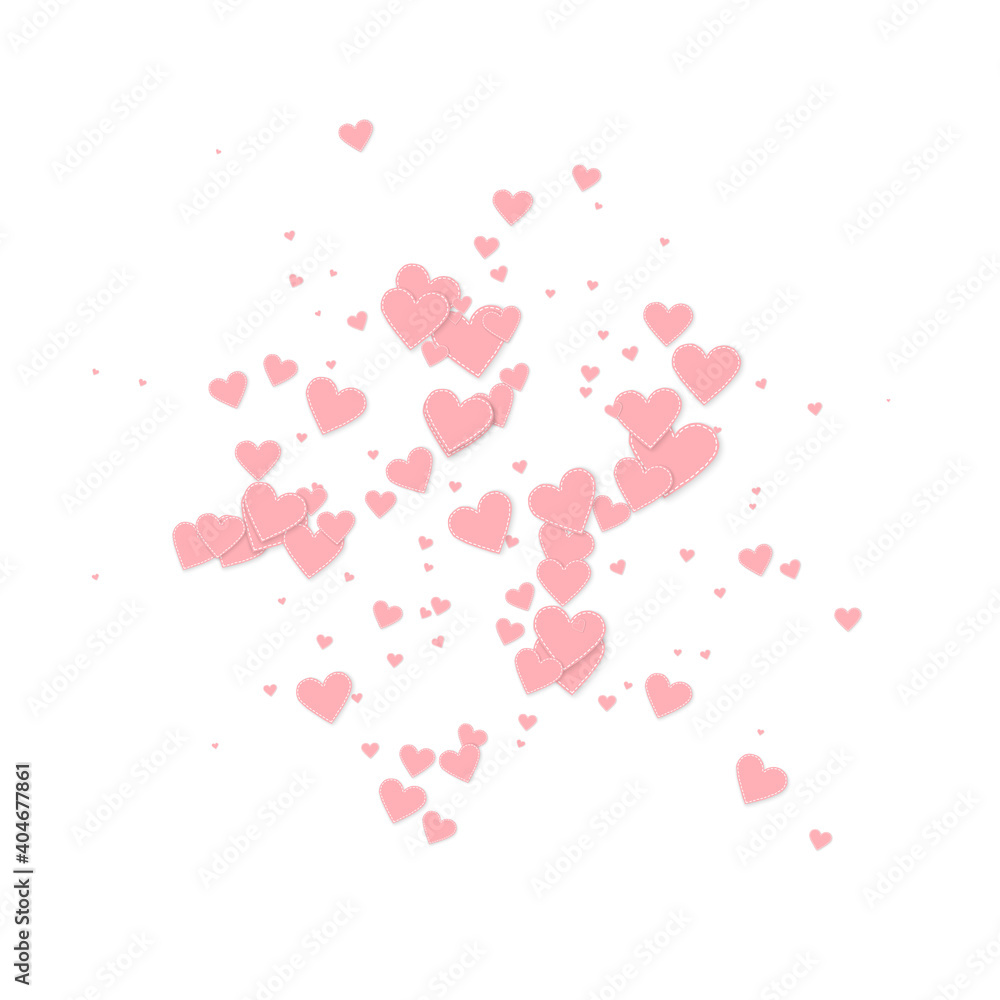 Pink heart love confettis. Valentine's day explosion stylish background. Falling stitched paper hearts confetti on white background. Comely vector illustration.