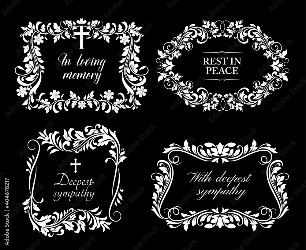 Funeral frame with floral decor. Funerary card border with flowers blossom, leaves on stem and crucifix cross vector. Mortuary memorial plate with rest in peace, in loving memory condolences lettering Funeral frame with floral decor. Funerary card border with flowers blossom, leaves on stem and crucifix cross vector. Mortuary memorial plate with rest in peace, in loving memory condolences lettering