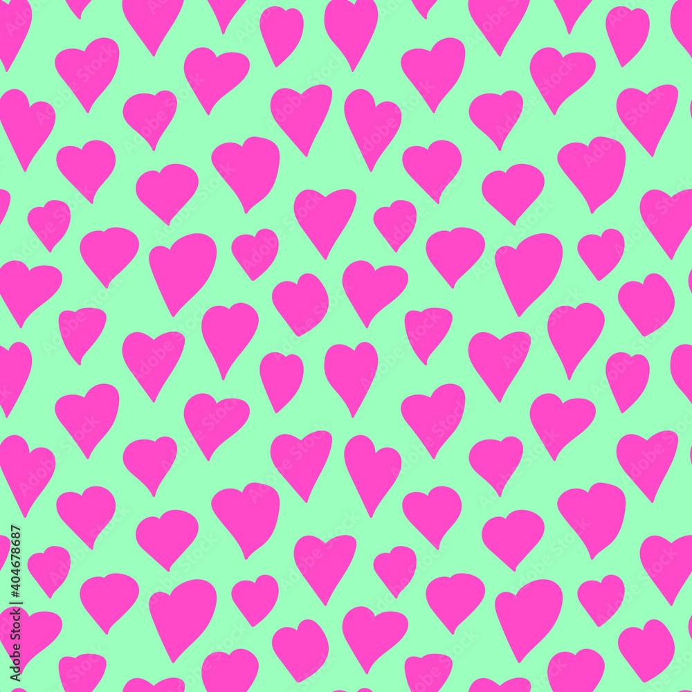 Pink hearts seamless pattern. Love vector pattern on green background. Valentine's day greeting cards, wrapping paper, textile.