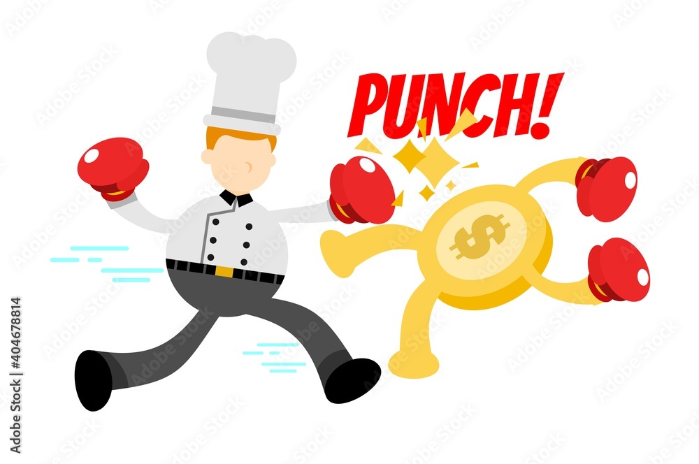 chef man punch money coin dollar cartoon doodle flat design style vector illustration