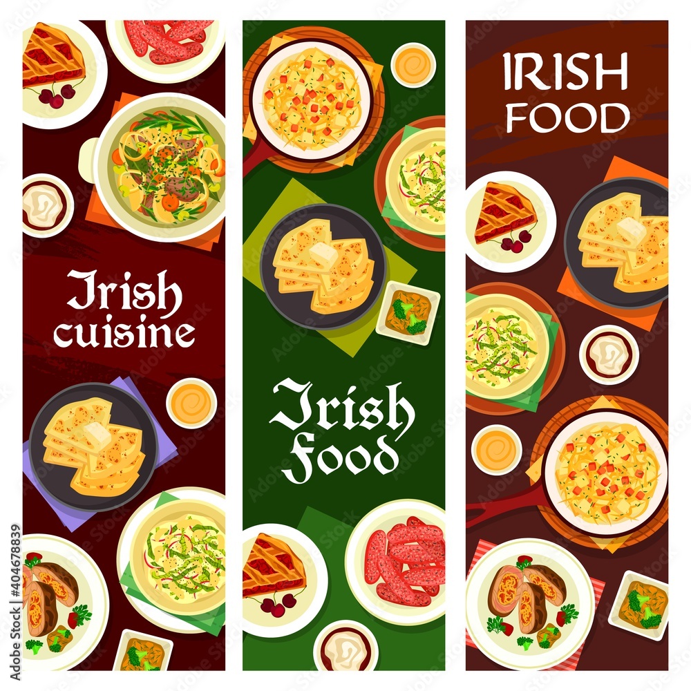 Irish cuisine vector pork sausages, cherry pie, vegetable stuffed beef, broccoli pudding and fish soup. Cheese sauce, mashed potato with cabbage colcannon and potato pancake farl, dishes of Ireland Irish cuisine vector pork sausages, cherry pie, vegetable stuffed beef, broccoli pudding and fish soup. Cheese sauce, mashed potato with cabbage colcannon and potato pancake farl, dishes of Ireland