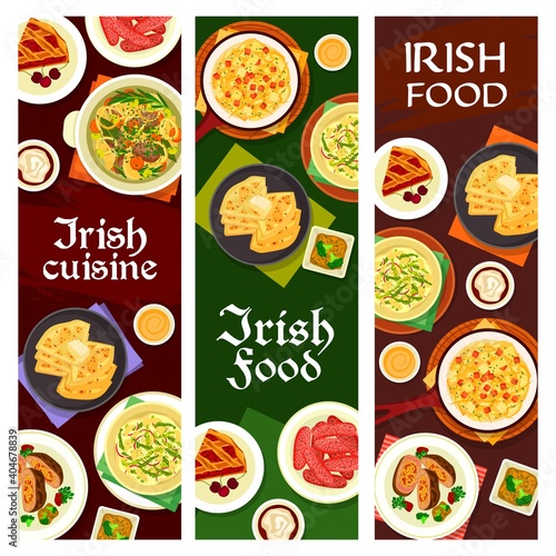Irish cuisine vector pork sausages, cherry pie, vegetable stuffed beef, broccoli pudding and fish soup. Cheese sauce, mashed potato with cabbage colcannon and potato pancake farl, dishes of Ireland