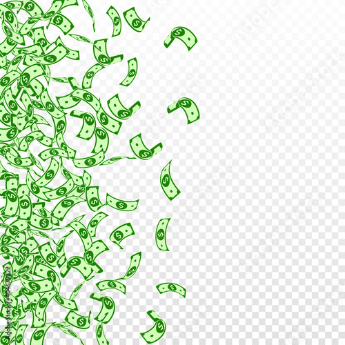 American dollar notes falling. Small USD bills on transparent background. USA money. Cool vector illustration. Posh jackpot, wealth or success concept.