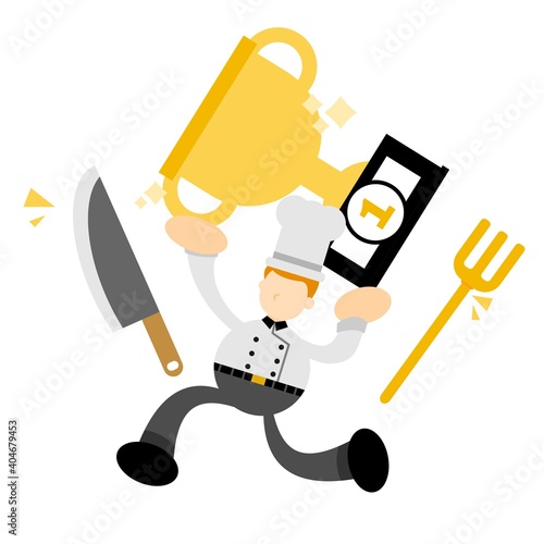 chef man worker pick trophy win champion cartoon doodle flat design style vector illustration