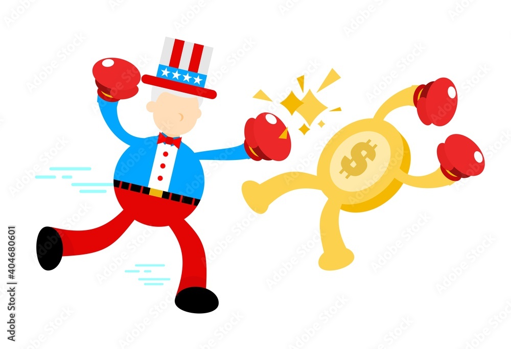 uncle sam america man punch money coin dollar cartoon doodle flat design style vector illustration