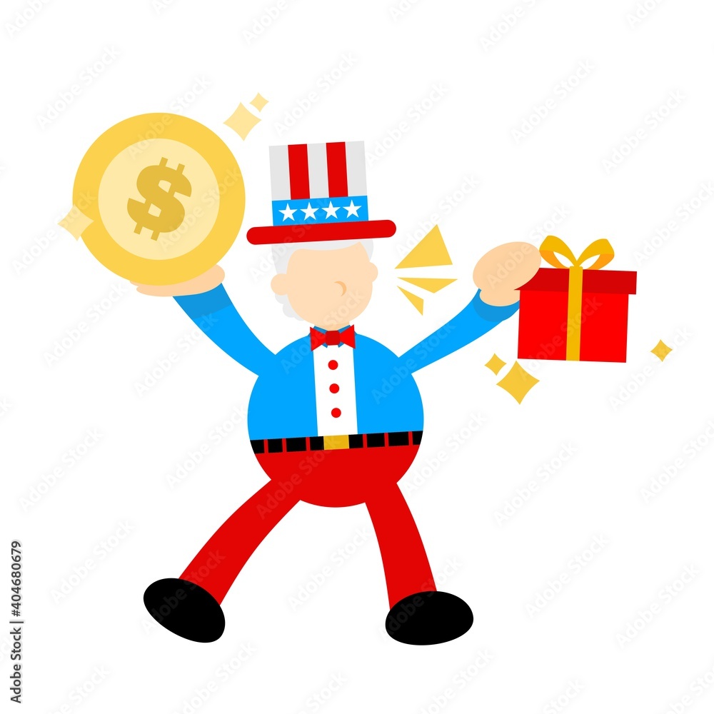 Uncle sam america people pick gold coin money and gift box cartoon doodle flat design style vector illustration Uncle sam america people pick gold coin money and gift box cartoon doodle flat design style vector illustration