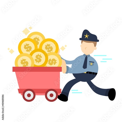 police officer people man and gold dollar money cart cartoon doodle flat design style vector illustration