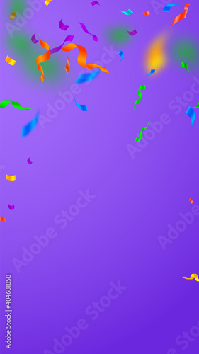 Streamers and confetti. Festive streamers tinsel and foil ribbons. Confetti falling rain on violet background. Beautiful party overlay template. Trending celebration concept.